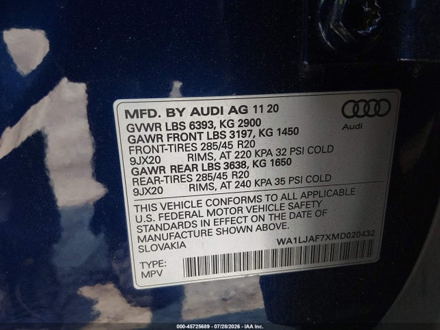 Продажа на аукционе авто 2021 Audi Q7 Premium Plus 45 Tfsi Quattro Tiptronic, vin: WA1LJAF7XMD020432, номер лота: 45725689