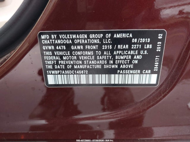 45725693 :رقم المزاد ، 1VWBP7A35DC145672 vin ، 2013 Volkswagen Passat 2.5l Se مزاد بيع