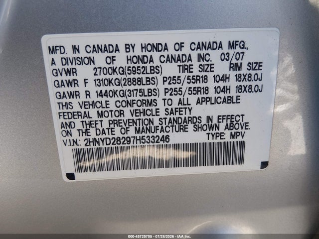45725705 :رقم المزاد ، 2HNYD28297H533246 vin ، 2007 Acura Mdx مزاد بيع