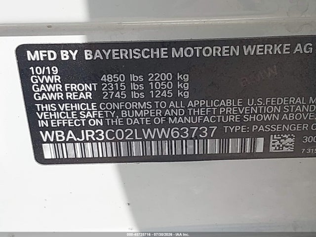45725716 :رقم المزاد ، WBAJR3C02LWW63737 vin ، 2020 Bmw 530i مزاد بيع