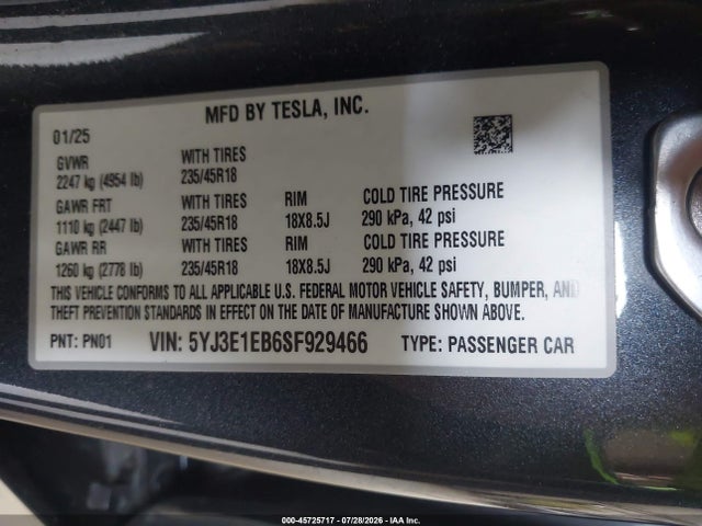 45725717 :رقم المزاد ، 5YJ3E1EB6SF929466 vin ، 2025 Tesla Model 3 Long Range All-wheel Drive مزاد بيع