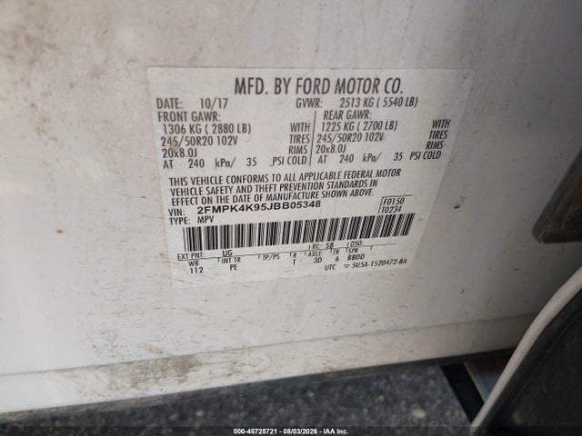 Aukcja sprzedaży 2018 Ford Edge Titanium, vin: 2FMPK4K95JBB05348, numer aukcji: 45725721