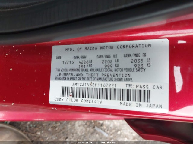 45725724 :رقم المزاد ، JM1GJ1V62F1167221 vin ، 2015 Mazda Mazda6 I Touring مزاد بيع