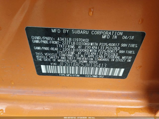 Продажа на аукционе авто 2018 Subaru Crosstrek 2.0i Premium, vin: JF2GTABC5JH336413, номер лота: 45725732