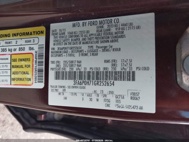 Aukcja sprzedaży 2016 Ford Fusion Se, vin: 3FA6P0H71GR252654, numer aukcji: 45725761