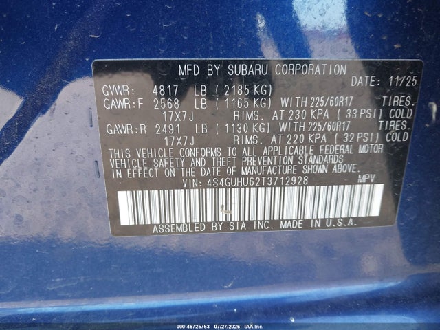 2026 Subaru Crosstrek Wilderness მანქანა იყიდება აუქციონზე, vin: 4S4GUHU62T3712928, აუქციონის ნომერი: 45725763