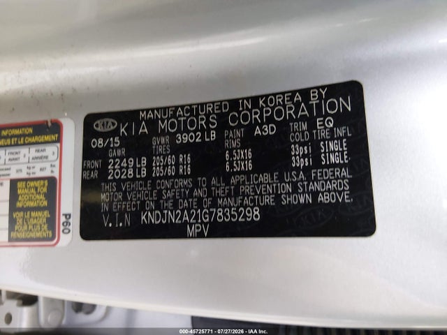 Aukcja sprzedaży 2016 Kia Soul, vin: KNDJN2A21G7835298, numer aukcji: 45725771