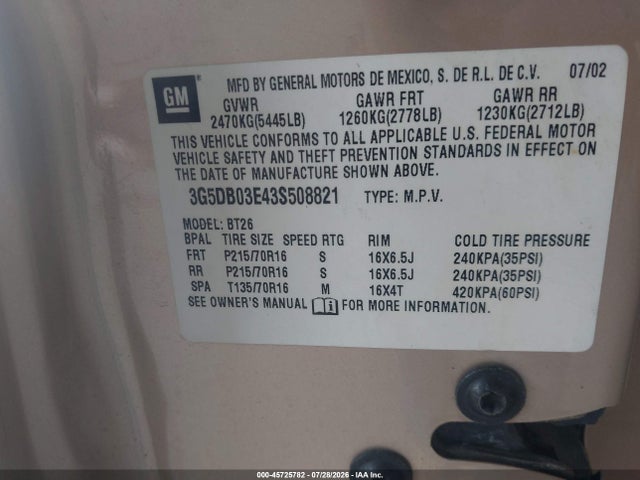 45725782 :رقم المزاد ، 3G5DB03E43S508821 vin ، 2003 Buick Rendezvous Cxl مزاد بيع