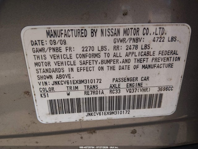 45725784 :رقم المزاد ، JNKCV61EX9M310172 vin ، 2009 Infiniti G37 Journey مزاد بيع
