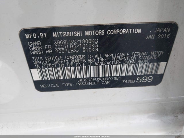 Aukcja sprzedaży 2016 Mitsubishi Lancer Es, vin: JA32U2FUXGU007381, numer aukcji: 45725786