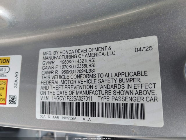 Honda ACCORD LX 2025 1HGCY1F22SA027011 Image 9