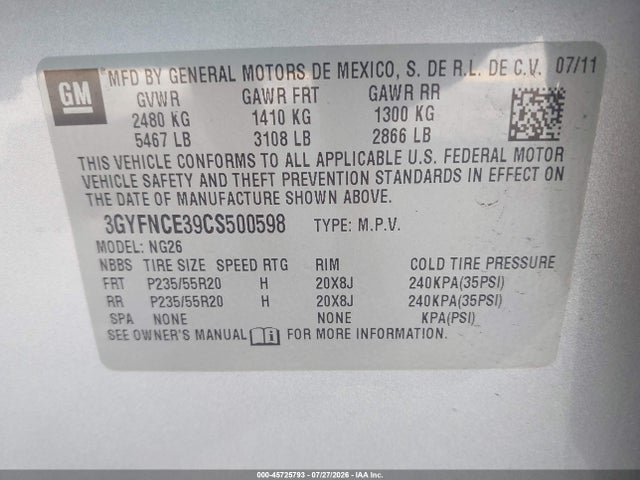45725793 :رقم المزاد ، 3GYFNCE39CS500598 vin ، 2012 Cadillac Srx Premium Collection مزاد بيع