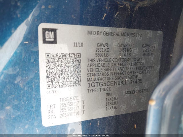2019 Gmc Canyon Sle მანქანა იყიდება აუქციონზე, vin: 1GTG5CEN9K1187435, აუქციონის ნომერი: 45725801