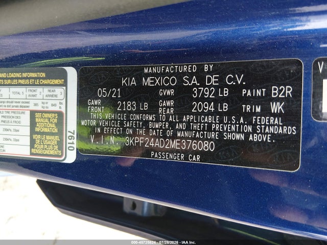 45725824 :رقم المزاد ، 3KPF24AD2ME376080 vin ، 2021 Kia Forte Lxs مزاد بيع