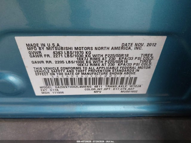 Продаж на аукціоні авто 2013 Mitsubishi Outlander Sport Se, vin: 4A4AR4AUXDE009714, номер лоту: 45725829