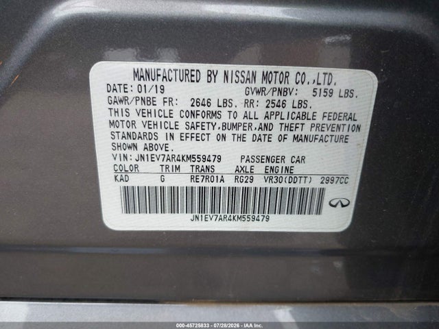 Продаж на аукціоні авто 2019 Infiniti Q50 3.0t Luxe, vin: JN1EV7AR4KM559479, номер лоту: 45725833