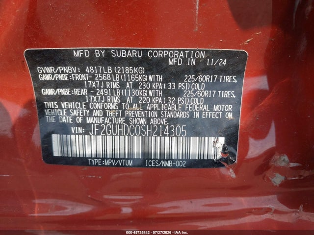 Продаж на аукціоні авто 2025 Subaru Crosstrek Premium, vin: JF2GUHDC0SH214305, номер лоту: 45725842