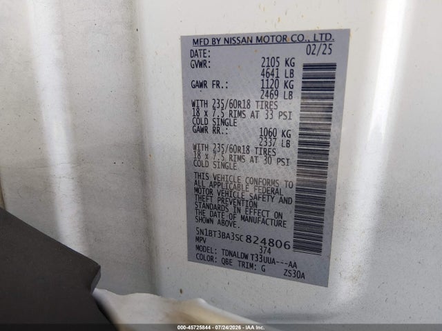 5N1BT3BA3SC824806 Nissan Rogue Sv Fwd