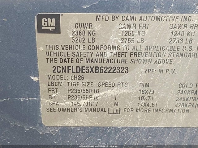 45725849 :رقم المزاد ، 2CNFLDE5XB6222323 vin ، 2011 Chevrolet Equinox Lt W/1lt مزاد بيع