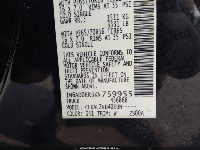 45725858 :رقم المزاد ، 1N6AD0ER3KN759955 vin ، 2019 Nissan Frontier Sv مزاد بيع