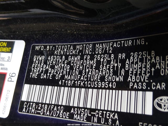 Aukcja sprzedaży 2012 Toyota Camry L, vin: 4T1BF1FK1CU599540, numer aukcji: 45725864