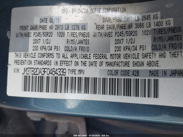 Продажа на аукционе авто 2015 Mazda Cx-9 Grand Touring, vin: JM3TB2DA3F0464339, номер лота: 45725867