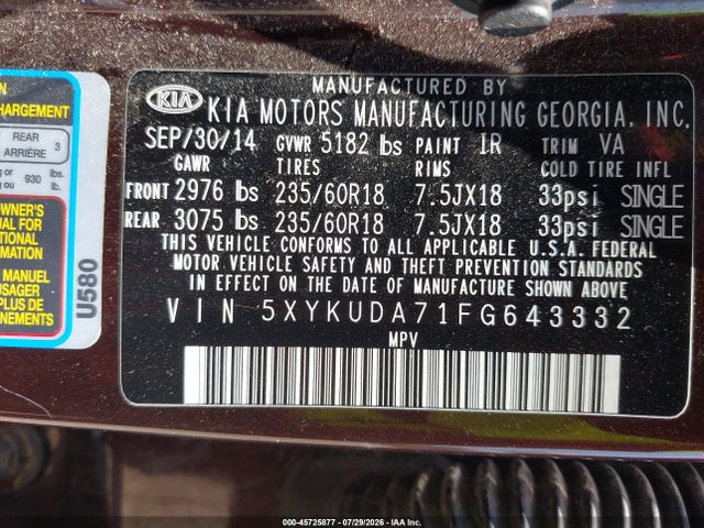 KIA Sorento Ex V6 2015 5XYKUDA71FG643332 Image 9