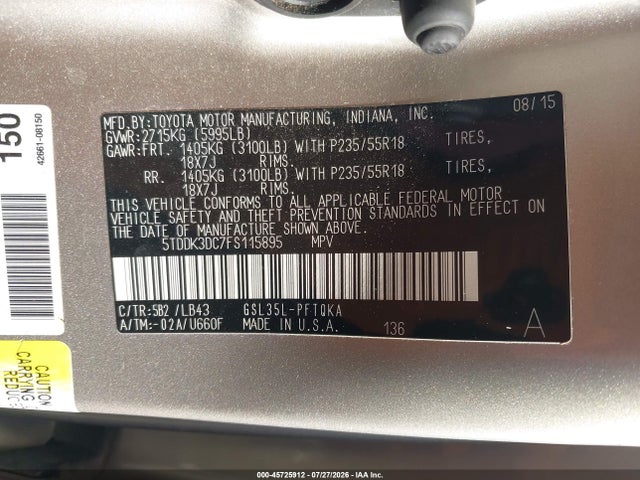 Продаж на аукціоні авто 2015 Toyota Sienna Limited Premium 7 Passenger, vin: 5TDDK3DC7FS115895, номер лоту: 45725912