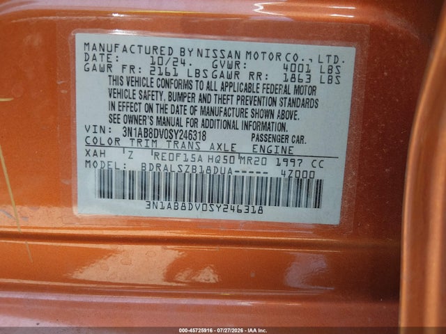 Продаж на аукціоні авто 2025 Nissan Sentra Sr, vin: 3N1AB8DV0SY246318, номер лоту: 45725916