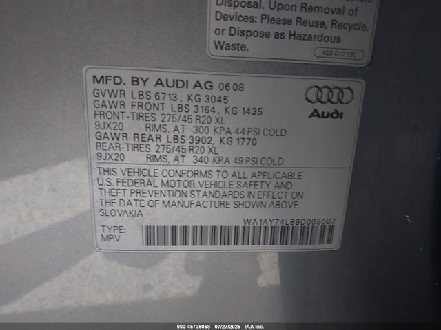 45725958 :رقم المزاد ، WA1AY74L89D005067 vin ، 2009 Audi Q7 3.6 5 Passenger/3.6 Premium مزاد بيع