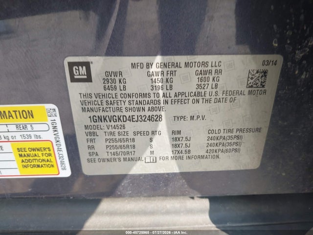 Chevrolet Traverse 1lt 2014 1GNKVGKD4EJ324628 Image 9