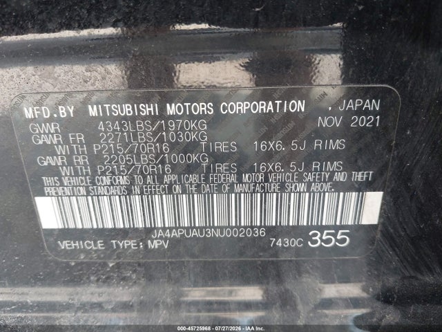 2022 Mitsubishi Outlander Sport 2.0 Be 2wd/2.0 Es 2wd/2.0 Le 2wd/2.0 S 2wd მანქანა იყიდება აუქციონზე, vin: JA4APUAU3NU002036, აუქციონის ნომერი: 45725968