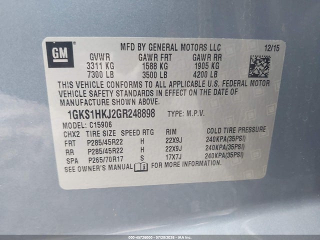 Продаж на аукціоні авто 2016 Gmc Yukon Xl Denali, vin: 1GKS1HKJ2GR248898, номер лоту: 45726000