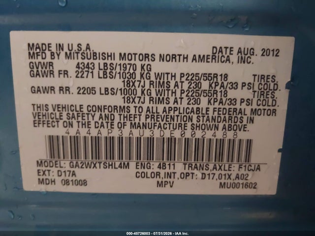 Продажа на аукционе авто 2013 Mitsubishi Outlander Sport Es, vin: 4A4AP3AU3DE002488, номер лота: 45726003