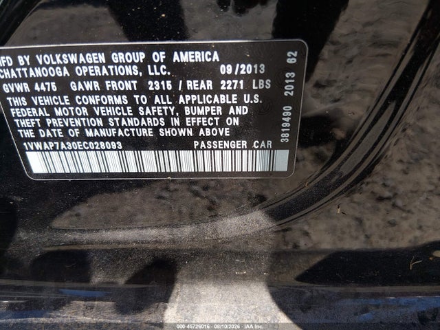 Продаж на аукціоні авто 2014 Volkswagen Passat 2.5l S, vin: 1VWAP7A30EC028093, номер лоту: 45726016