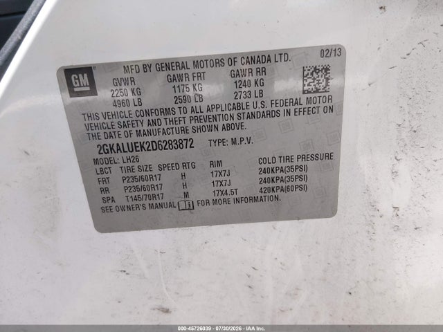 Aukcja sprzedaży 2013 Gmc Terrain Slt-1, vin: 2GKALUEK2D6283872, numer aukcji: 45726039
