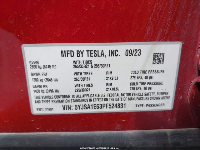 5YJSA1E63PF524831 Tesla Model S Plaid Tri Motor All-wheel Drive