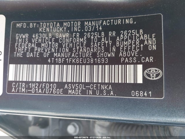 45726076 :رقم المزاد ، 4T1BF1FK6EU381693 vin ، 2014 Toyota Camry Le مزاد بيع