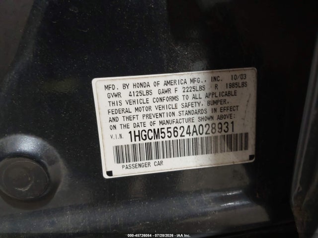 2004 Honda Accord 2.4 Ex მანქანა იყიდება აუქციონზე, vin: 1HGCM55624A028931, აუქციონის ნომერი: 45726084