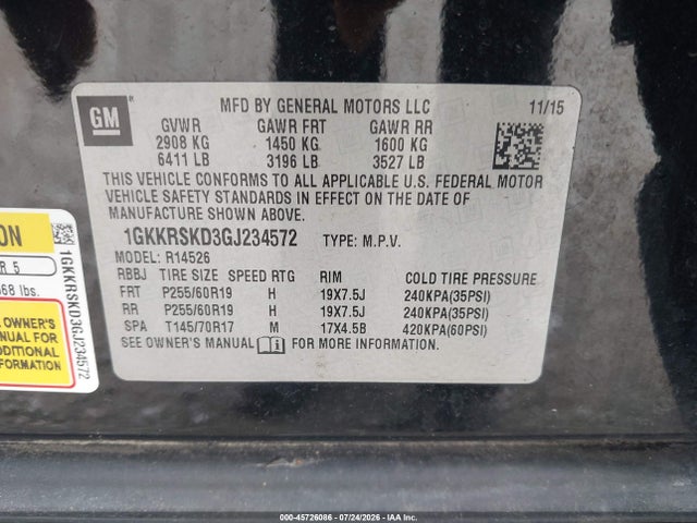 Aukcja sprzedaży 2016 Gmc Acadia Slt-2, vin: 1GKKRSKD3GJ234572, numer aukcji: 45726086