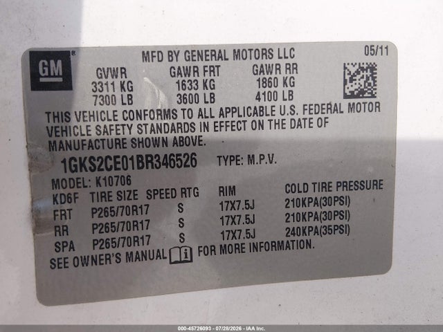 2011 Gmc Yukon Slt მანქანა იყიდება აუქციონზე, vin: 1GKS2CE01BR346526, აუქციონის ნომერი: 45726093