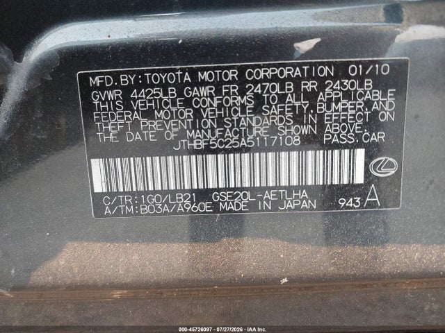 45726097 :رقم المزاد ، JTHBF5C25A5117108 vin ، 2010 Lexus Is 250 مزاد بيع