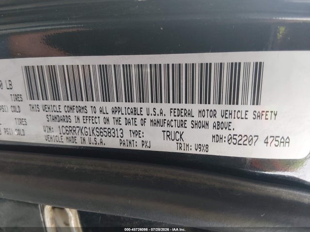 Продаж на аукціоні авто 2019 Ram 1500 Classic, vin: 1C6RR7KG1KS658313, номер лоту: 45726098