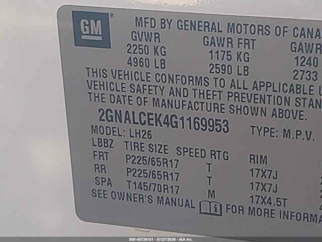 2GNALCEK4G1169953 Chevrolet EQUINOX LT