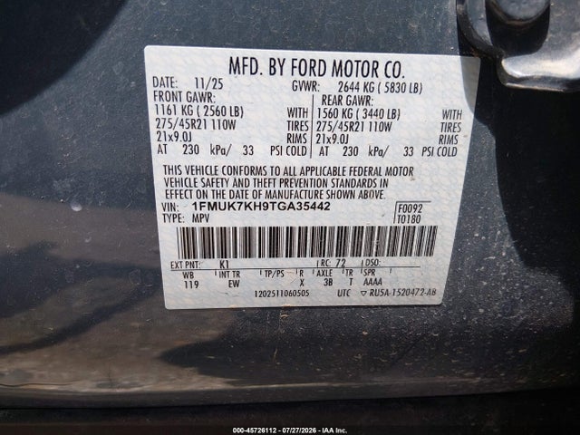 45726112 :رقم المزاد ، 1FMUK7KH9TGA35442 vin ، 2026 Ford Explorer St-line مزاد بيع