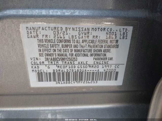 Продаж на аукціоні авто 2021 Nissan Sentra Sv Xtronic Cvt, vin: 3N1AB8CV9MY256253, номер лоту: 45726132