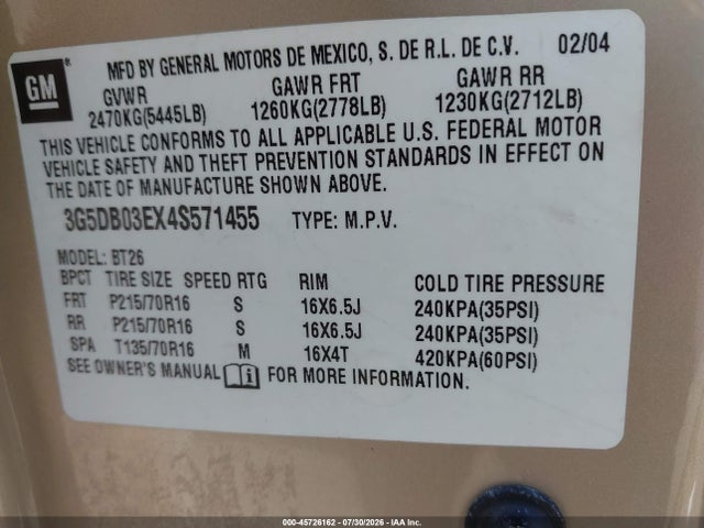 Продажа на аукционе авто 2004 Buick Rendezvous Cx, vin: 3G5DB03EX4S571455, номер лота: 45726162