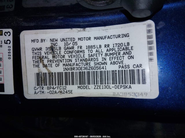 45726167 :رقم المزاد ، 1NXBR30E36Z605641 vin ، 2006 Toyota Corolla S مزاد بيع