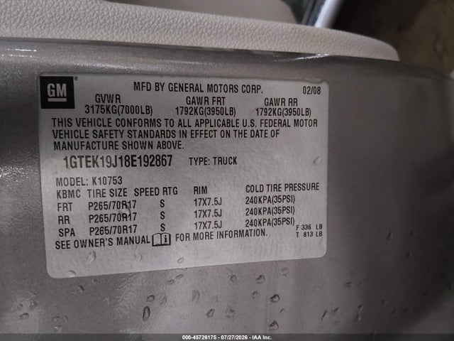 Aukcja sprzedaży 2008 Gmc Sierra 1500 Sle2, vin: 1GTEK19J18E192867, numer aukcji: 45726175