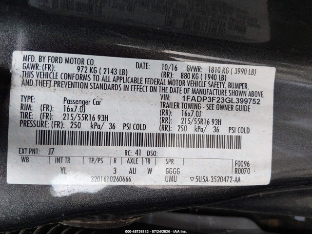 1FADP3F23GL399752 Ford FOCUS SE
